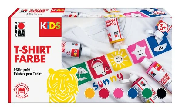 Marabu KiDS Textilfarbe "T-Shirt Farbe", 6er-Set, 6 x 80 ml, gelb, rot, blau, grün, rosa und schwarz (EAN: 4007751749222)