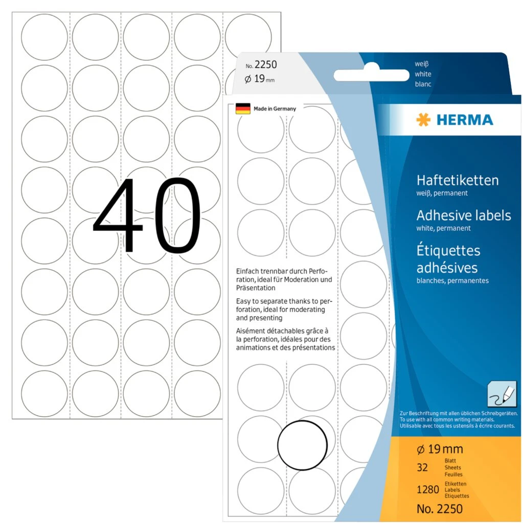 HERMA Markierungspunkte, Durchmesser: 19 mm, weiß (EAN: 4008705022507)