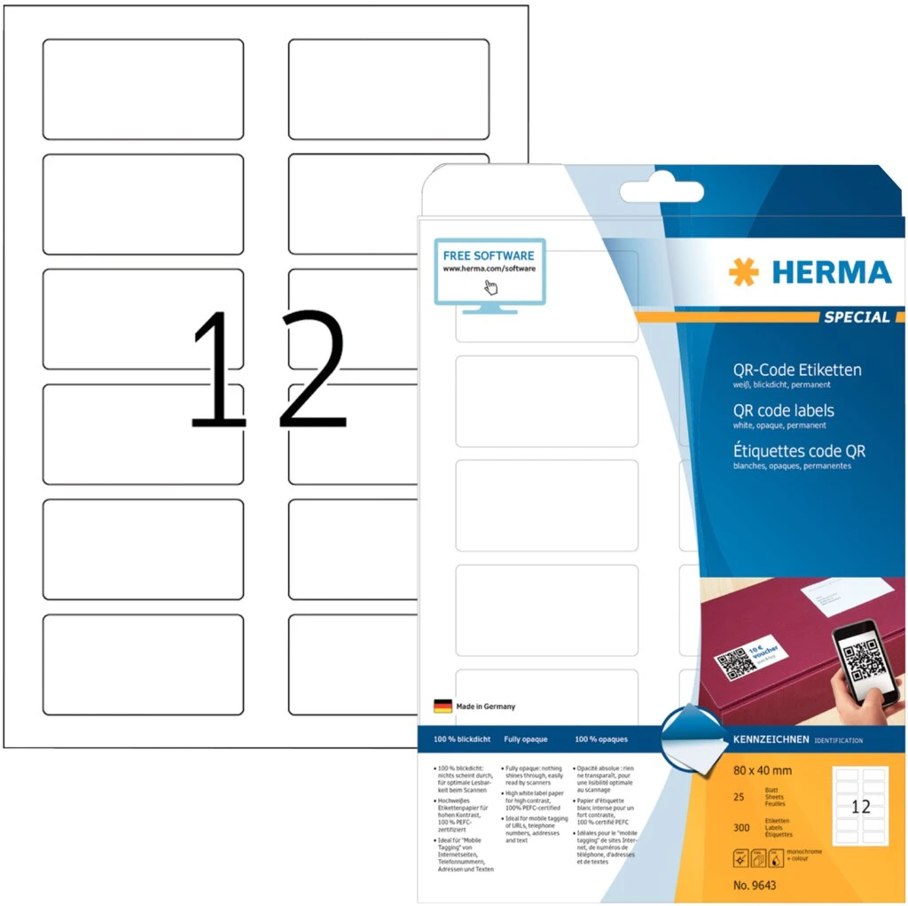 HERMA QR-Code Etiketten, 80 x 40 mm, rechteckig, weiß (EAN: 4008705096430)