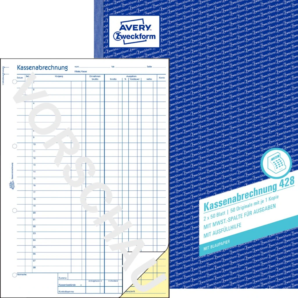 AVERY Zweckform Formularbuch "Kassenabrechnung", A4 (EAN: 4004182004289)