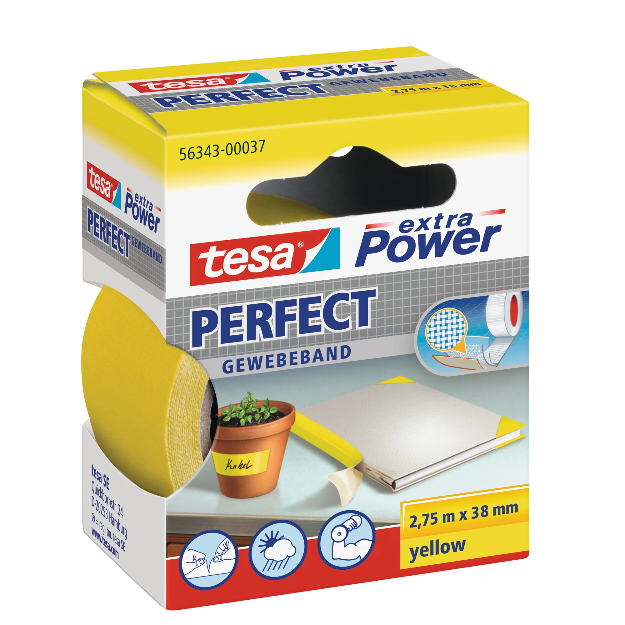 tesa Gewebeband extra Power PERFECT, 38 mm x 2,75 m, gelb (EAN: 4042448044211)