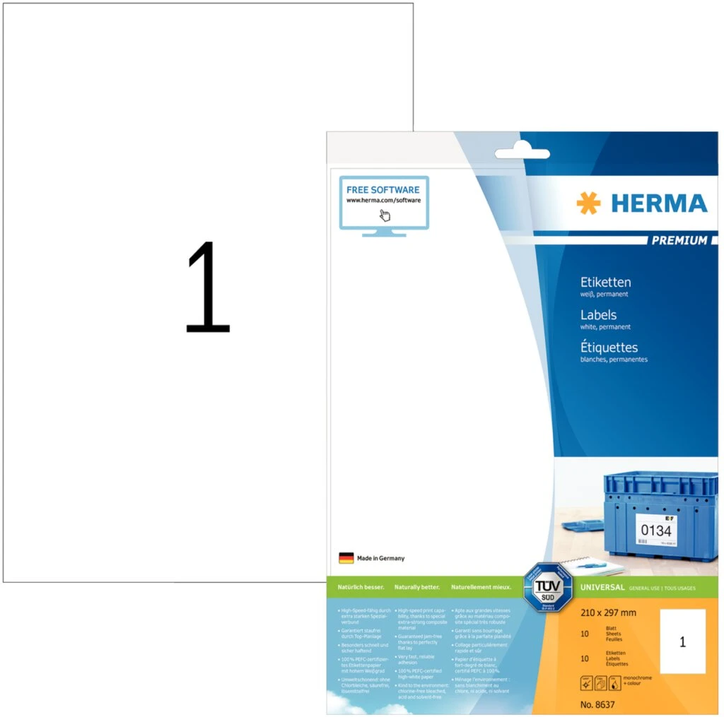 HERMA Universal-Etiketten PREMIUM, 210 x 297 mm, weiß (EAN: 4008705086370)
