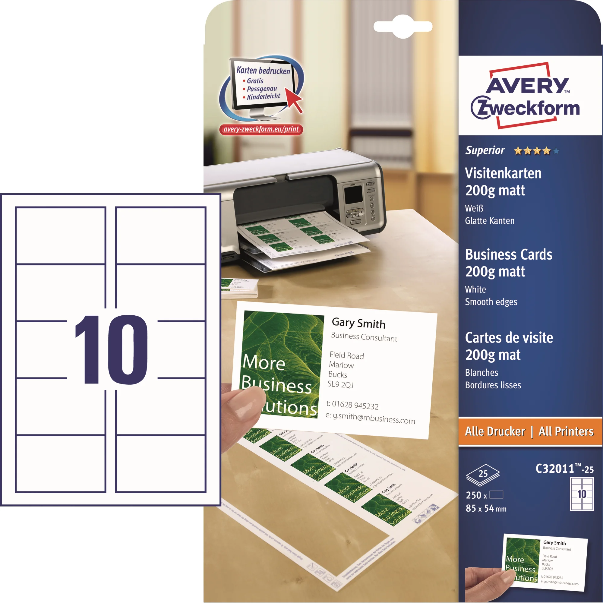 AVERY Zweckform Quick & Clean Visitenkarten, weiß, 200 g/qm (EAN: 4004182242735)