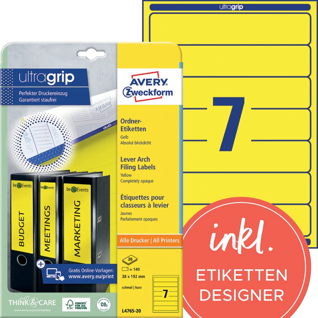 AVERY Zweckform Ordnerrücken-Etiketten, 38 x 192 mm, gelb (EAN: 4004182047651)