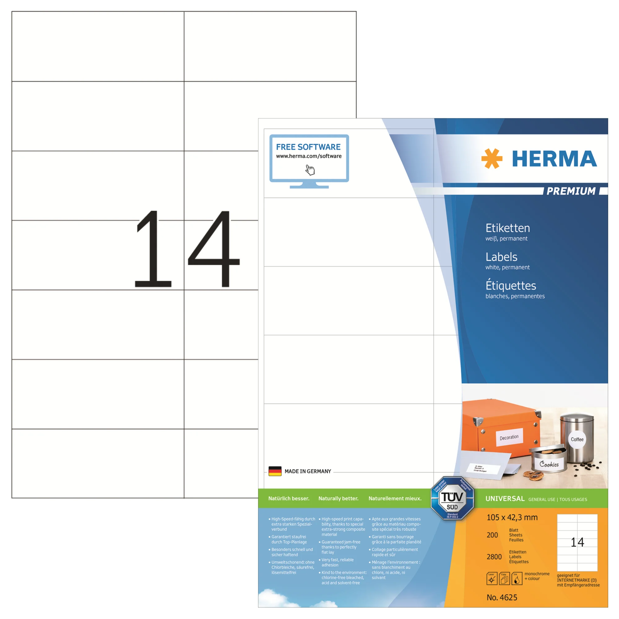 HERMA Universal-Etiketten PREMIUM, 105 x 42,3 mm, weiß (EAN: 4008705046251)