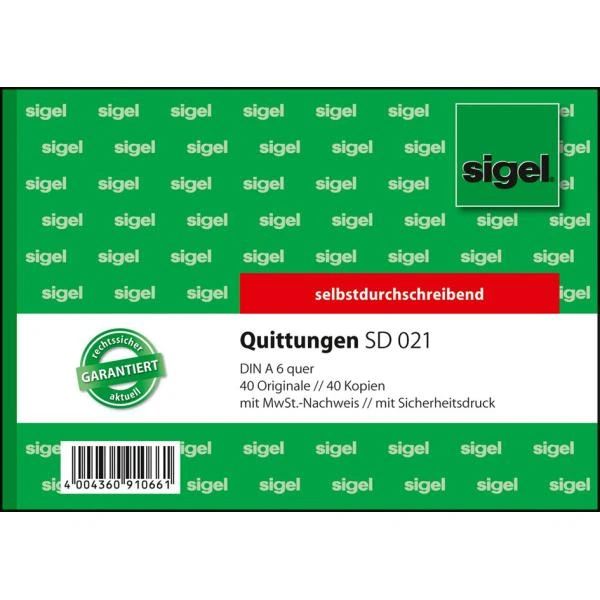 sigel Formularbuch "Quittung", mit MwSt.-Nachweis, A6 quer (EAN: 4004360910661)