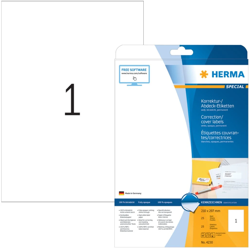 HERMA Korrektur-/Abdeck-Etiketten SPECIAL, 210 x 297 mm, weiß (EAN: 4008705042307)