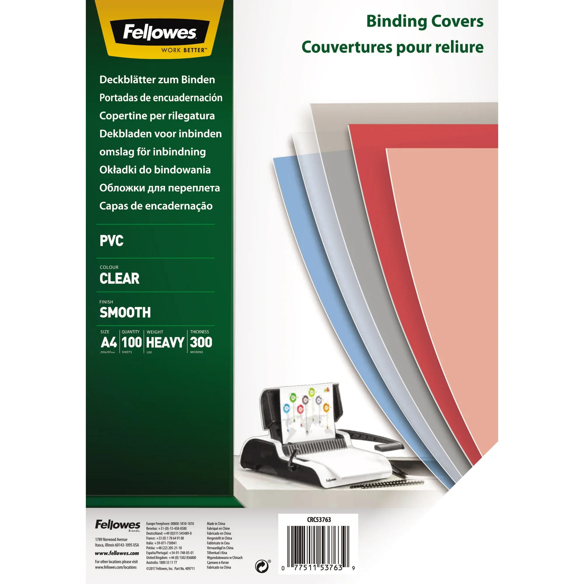 Fellowes Deckblatt, DIN A4, PVC, transparent, 0,30 mm (EAN: 0077511537639)