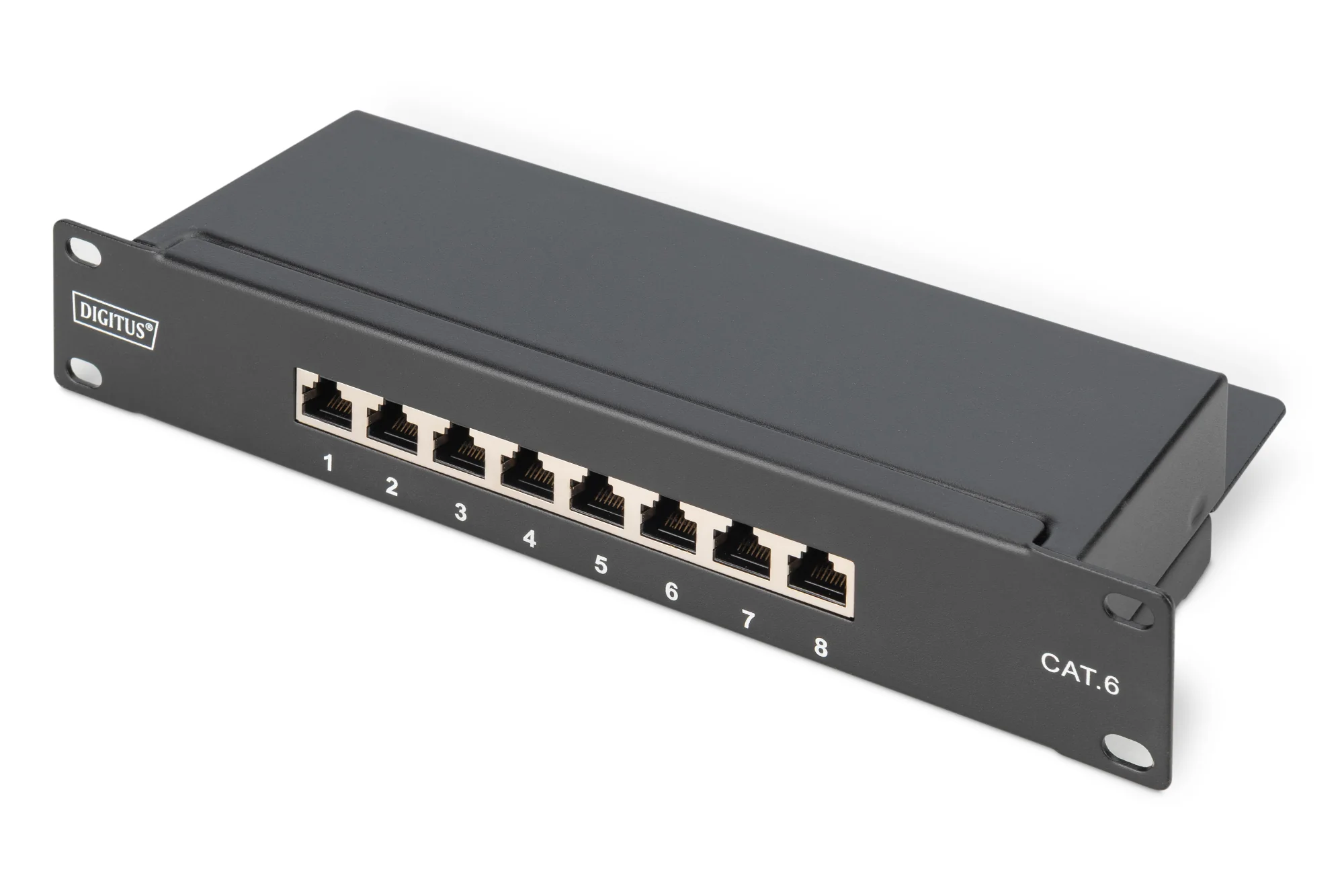 DIGITUS 10" Patch Panel Kat.6, Klasse E, 8 x RJ45, 1 HE, schwarz (RAL 9005) (EAN: 4016032241577)