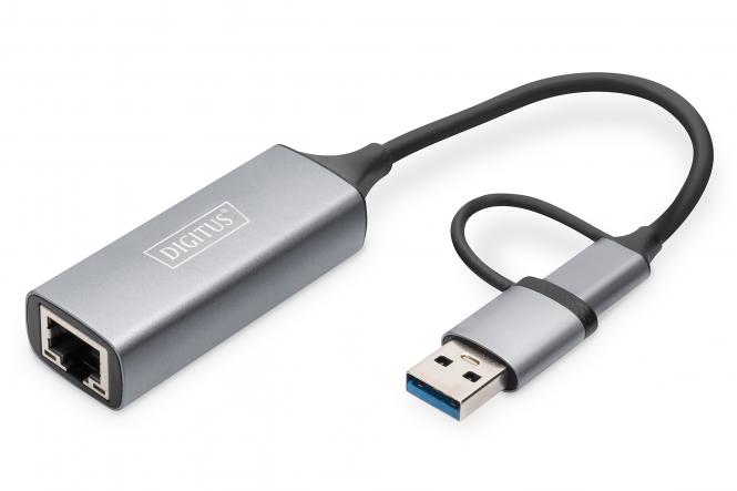 DIGITUS USB Type-C Gigabit Ethernet Adapter, USB-C + USB A (EAN: 4016032473572)