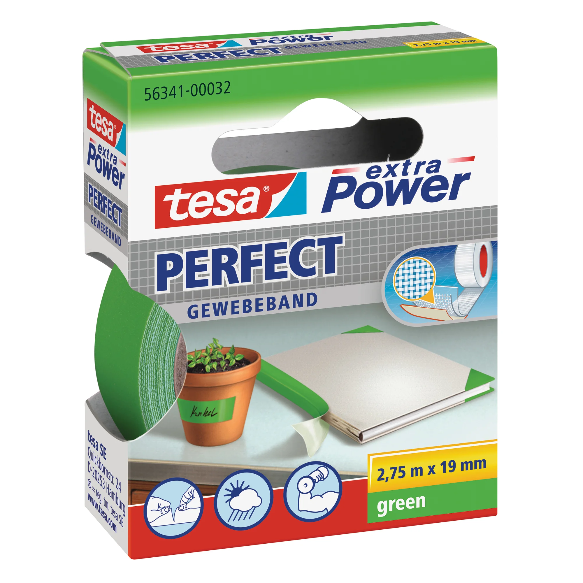 tesa Gewebeband extra Power PERFECT, 19 mm x 2,75 m, grün (EAN: 4042448044099)