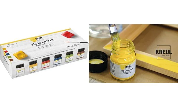 KREUL Holzlasur, Creativset 6 x 20 ml, weiß, sonnengelb, cherry, ultramarin, pistazie und maron (EAN: 4000798785000)