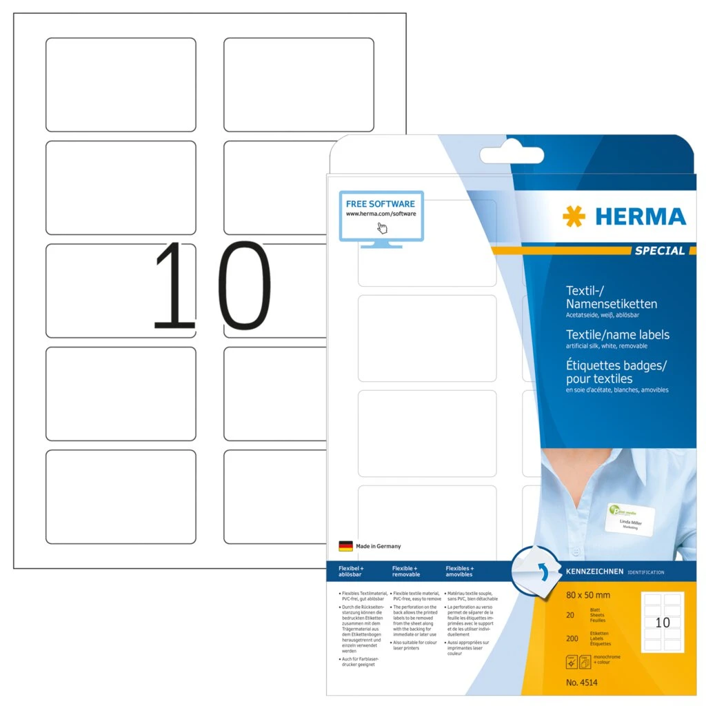 HERMA Textil-/Namensetiketten SPECIAL, 80 x 50 mm, weiß (EAN: 4008705045148)