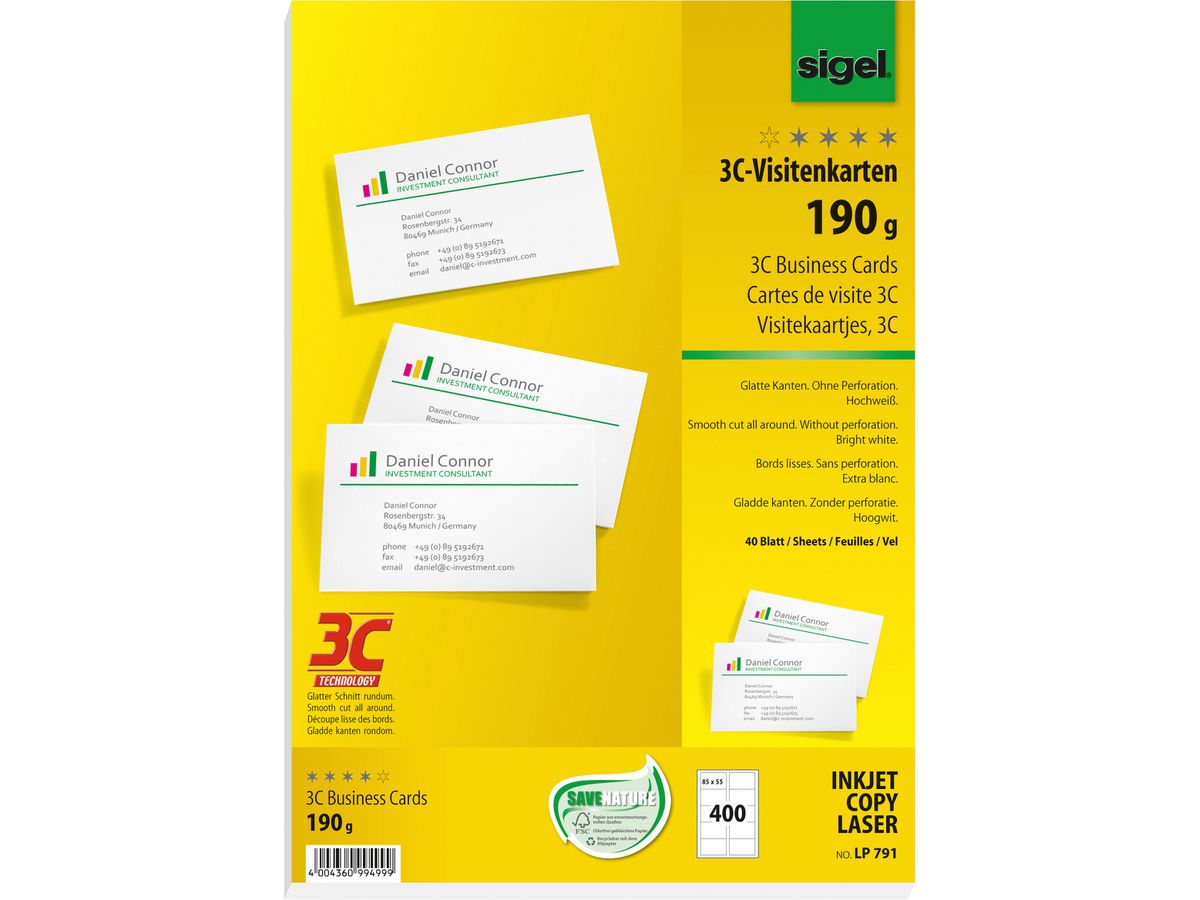 sigel PC-Visitenkarten, 85 x 55 mm, 190 g/qm, hochweiß (EAN: 4004360994999)