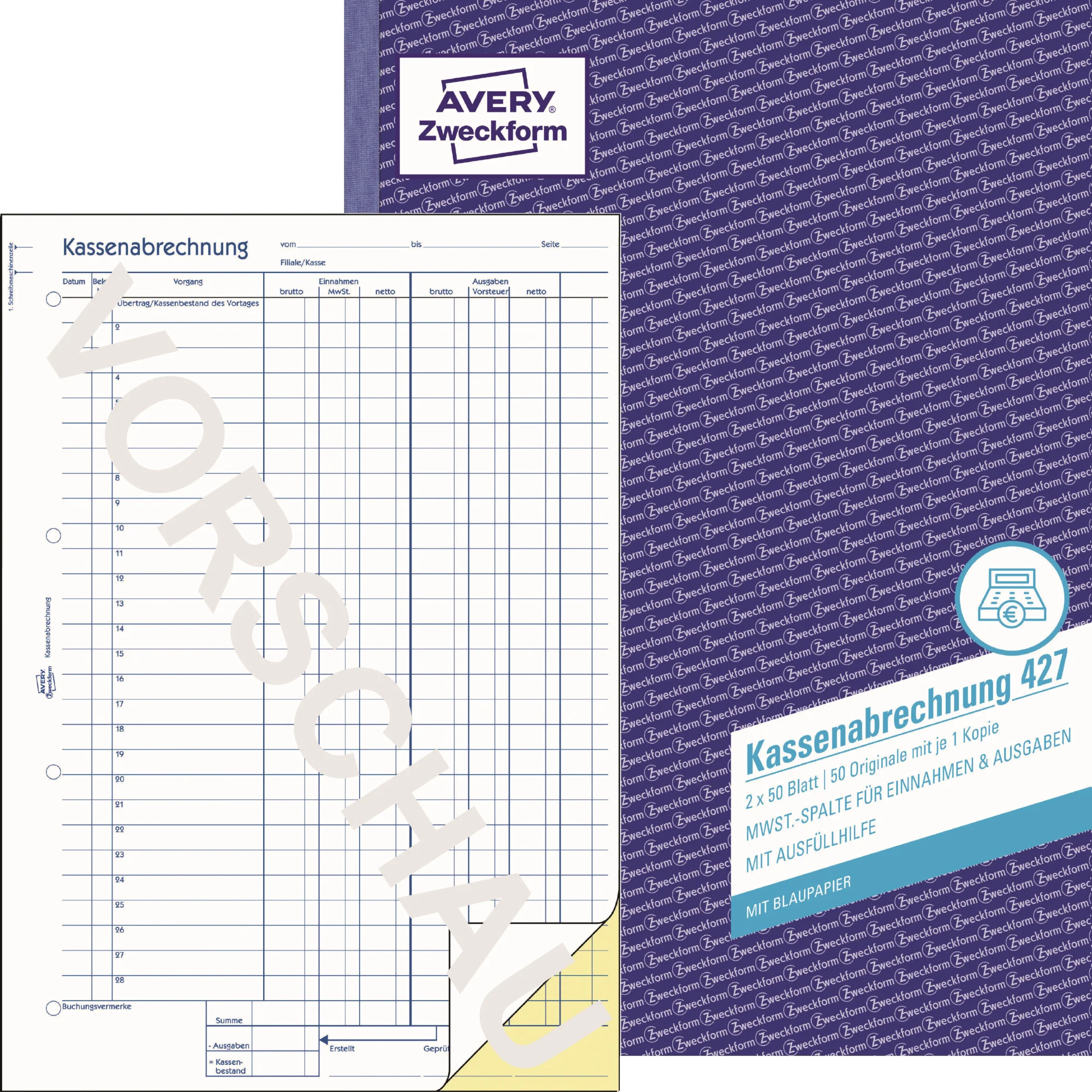 AVERY Zweckform Formularbuch "Kassenabrechnung mit MwSt", A4 (EAN: 4004182004272)