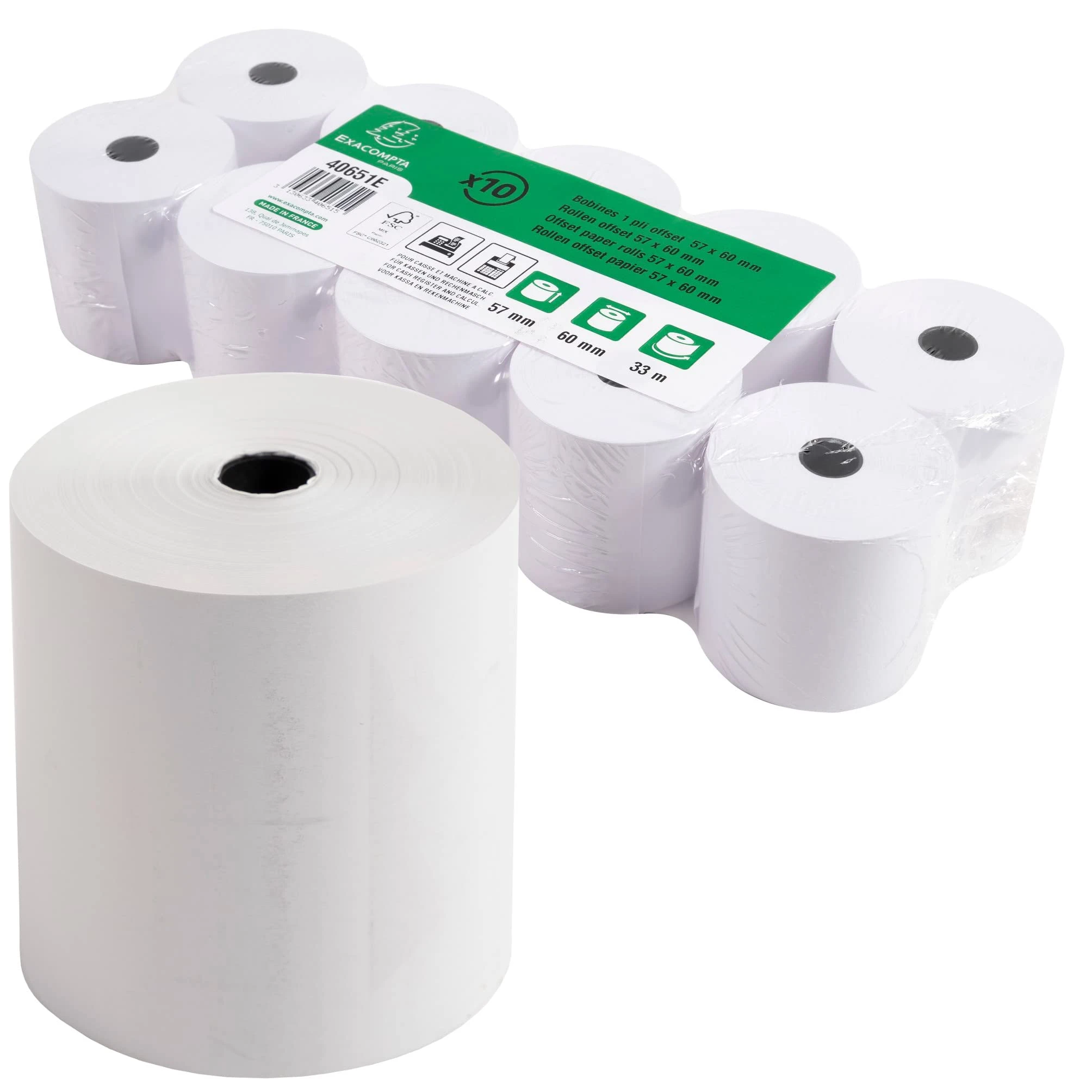 EXACOMPTA Kassenrollen, 57 mm x 33 m x 12 mm, extra weiß (EAN: 3130633406515)