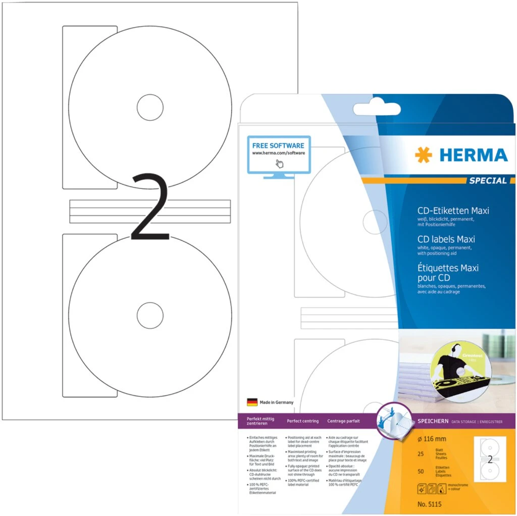 HERMA CD/DVD-Etiketten SPECIAL, Durchmesser: 116 mm, Maxi (EAN: 4008705051156)