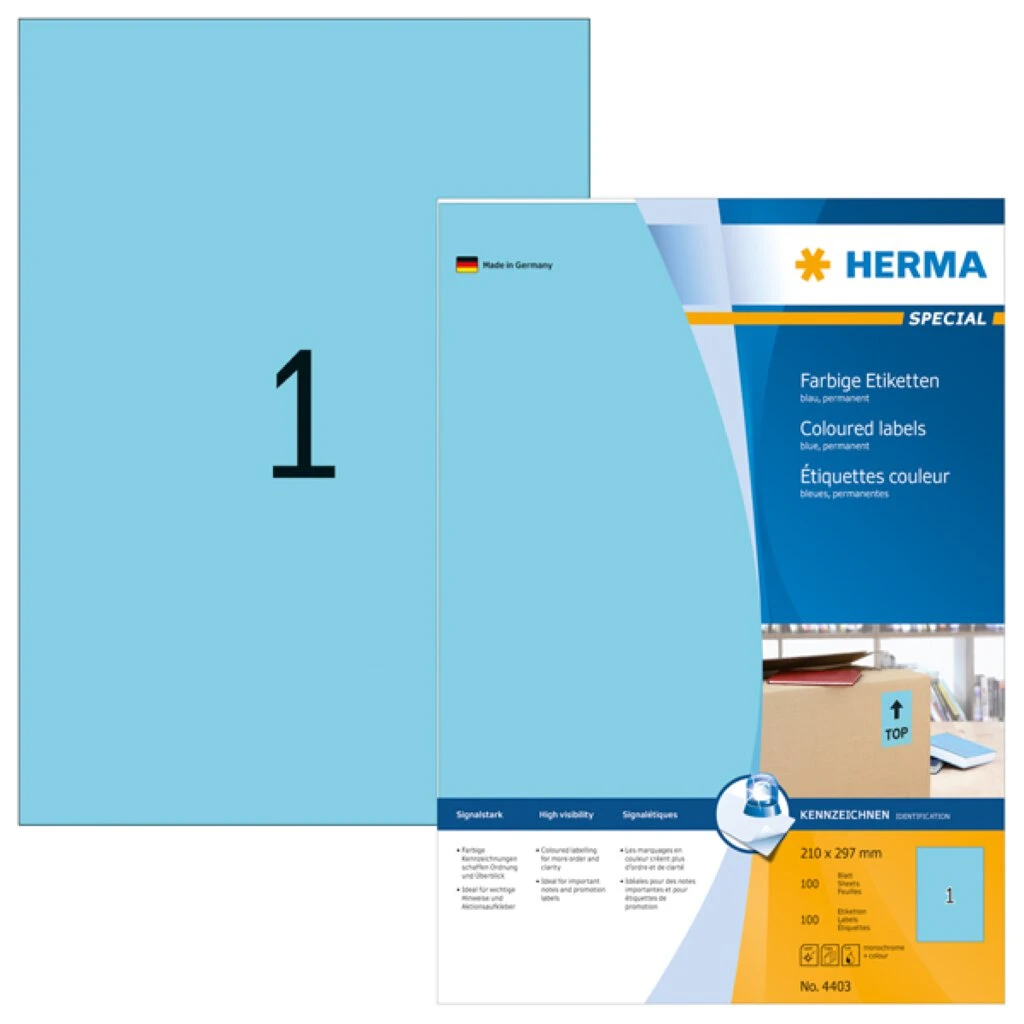 HERMA Universal-Etiketten SPECIAL, 210 x 297 mm, blau (EAN: 4008705044035)