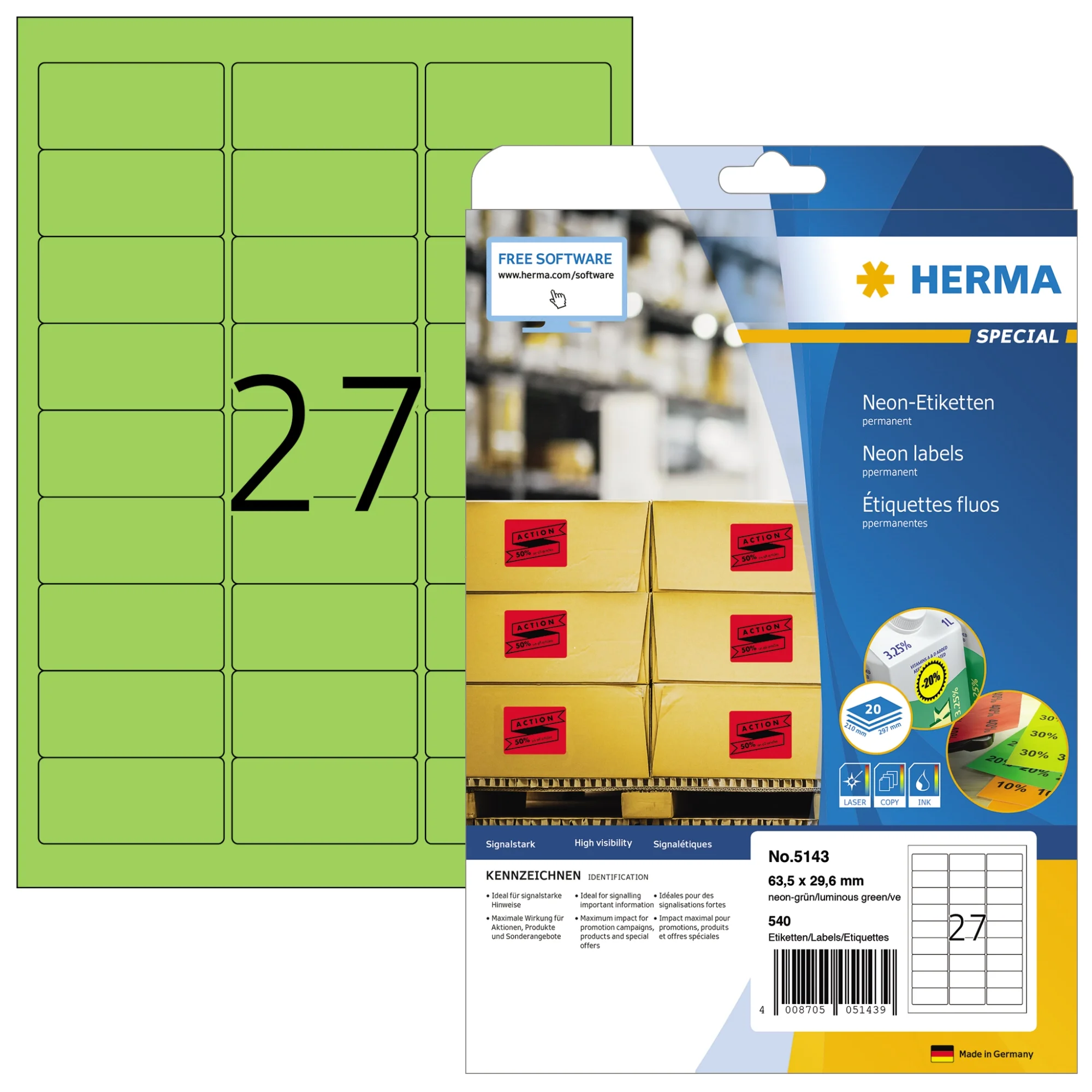 HERMA Universal-Etiketten SPECIAL, 63,5 x 29,6 mm, neon-grün (EAN: 4008705051439)
