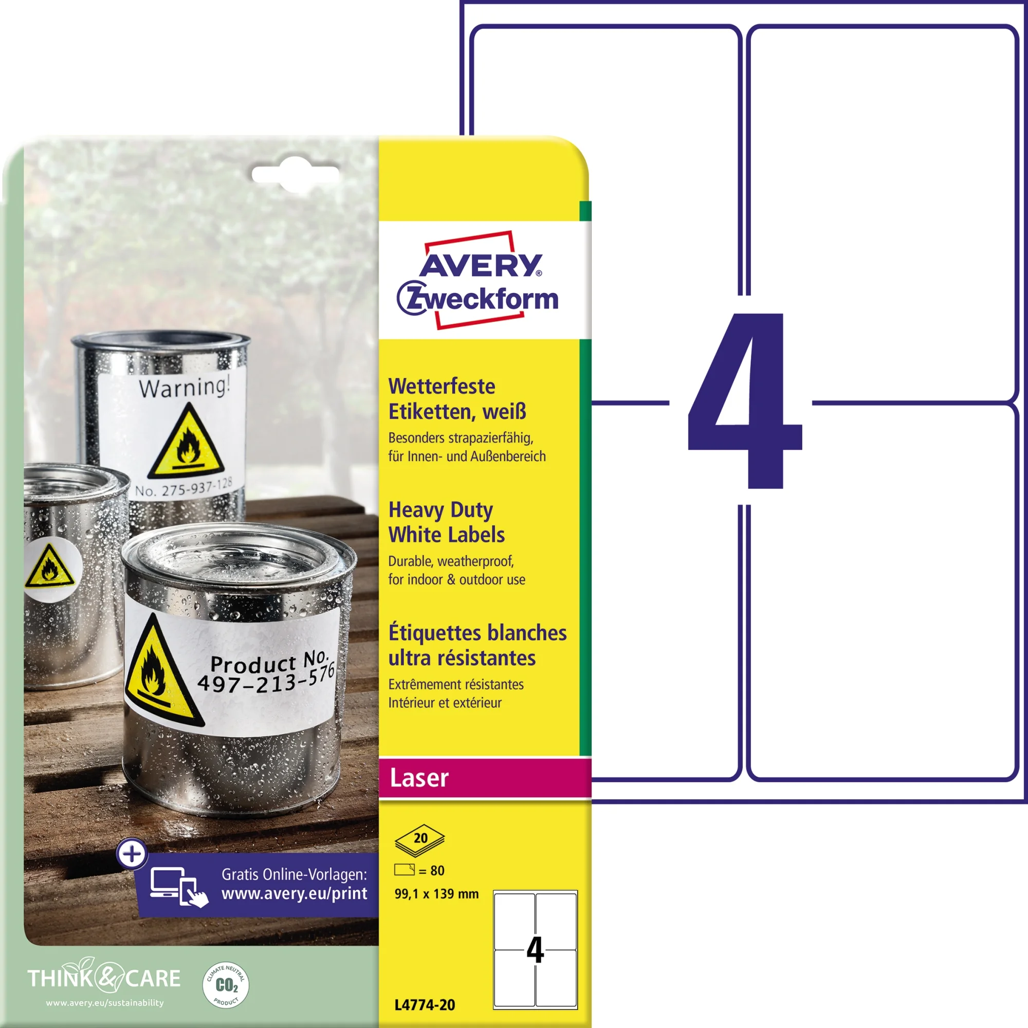 AVERY Zweckform wetterfeste Etiketten, 99,1 x 139 mm, weiß (EAN: 4004182047743)