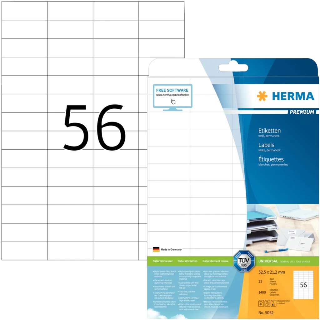 HERMA Universal-Etiketten PREMIUM, 52,5 x 21,2 mm, weiß (EAN: 4008705050524)