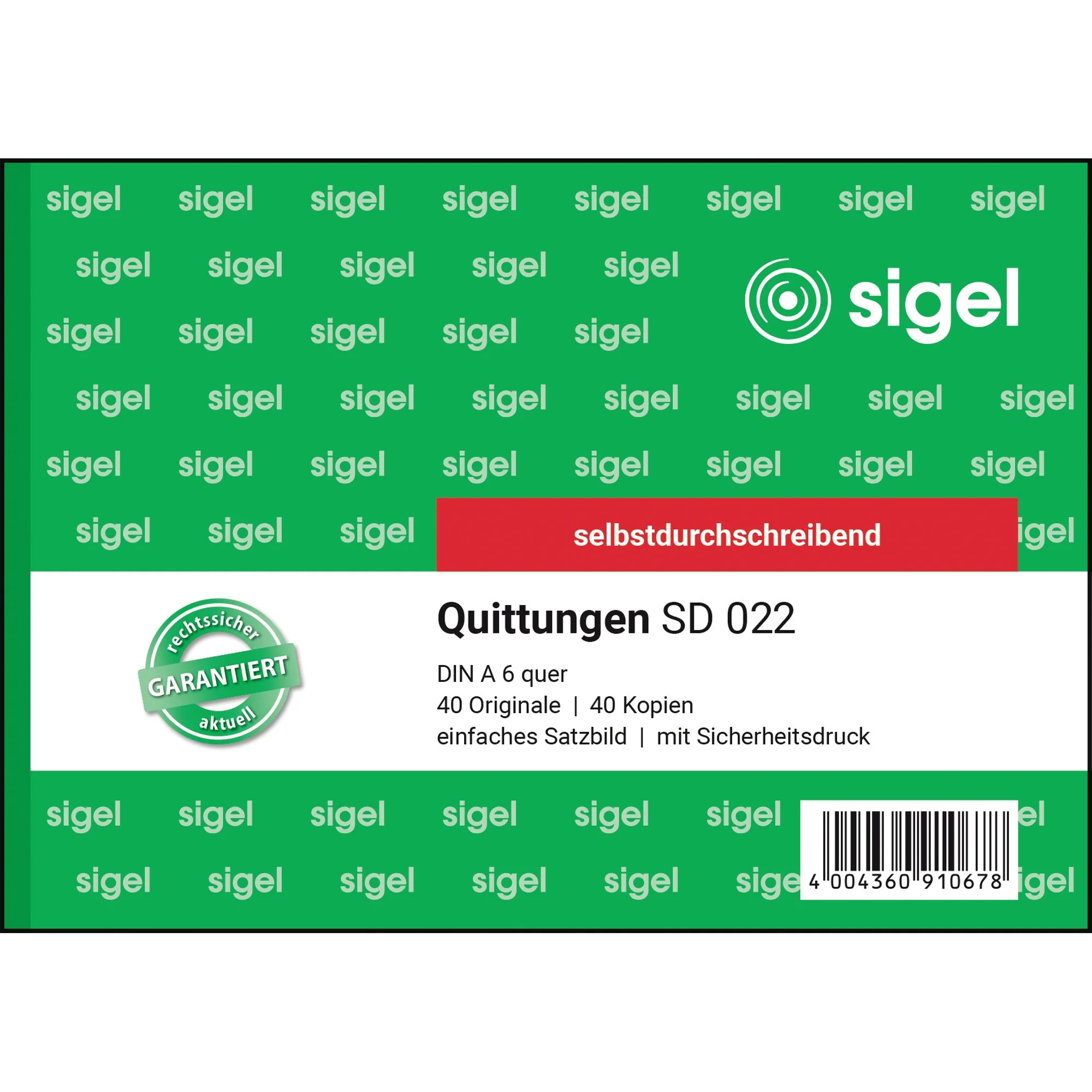 sigel Formularbuch "Quittung", einfaches Satzbild, A6 quer (EAN: 4004360910678)