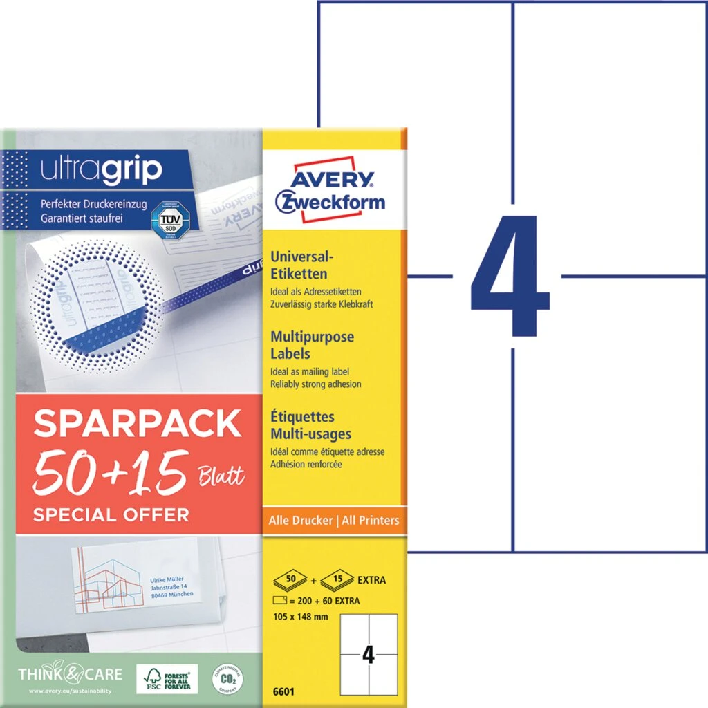 AVERY Zweckform Universal-Etiketten, 105 x 148 mm, 50+15 Bl. (EAN: 4004182066010)