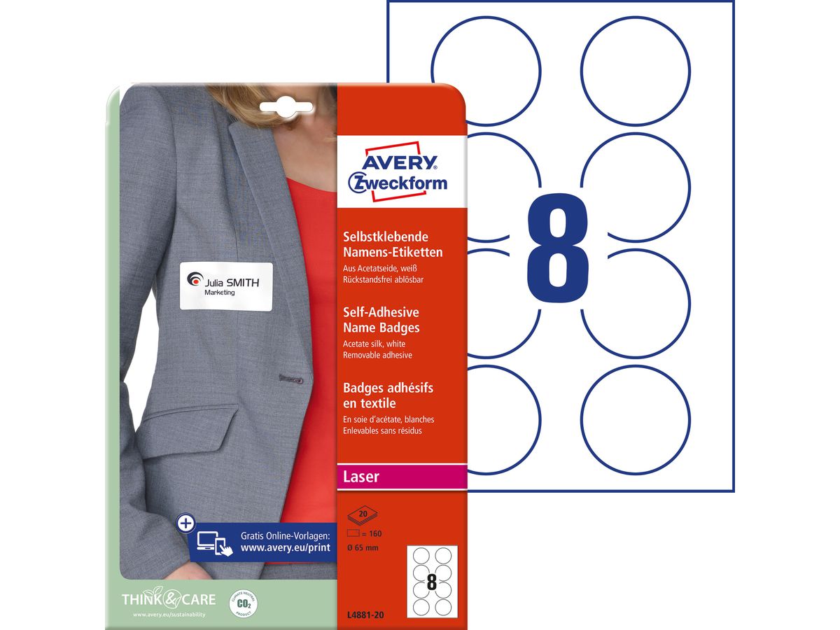 AVERY Zweckform Laser-Namens-Etiketten, 65 mm, rund, weiß (EAN: 4004182148112)