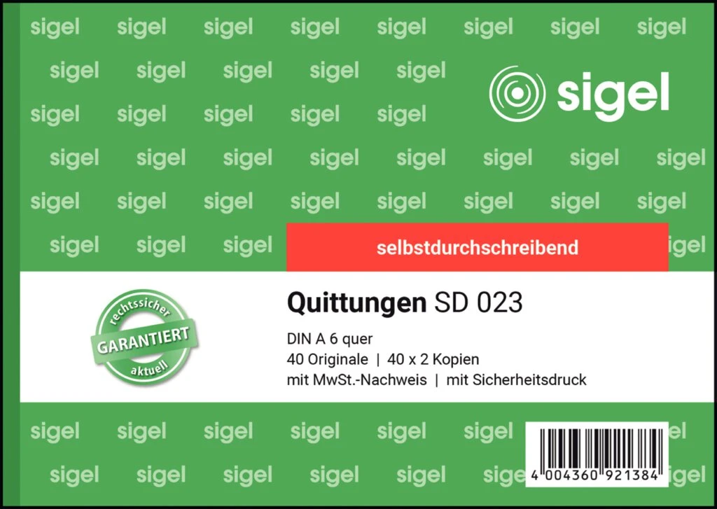 sigel Formularbuch "Quittung", mit MwSt.-Nachweis, A6 quer (EAN: 4004360921384)