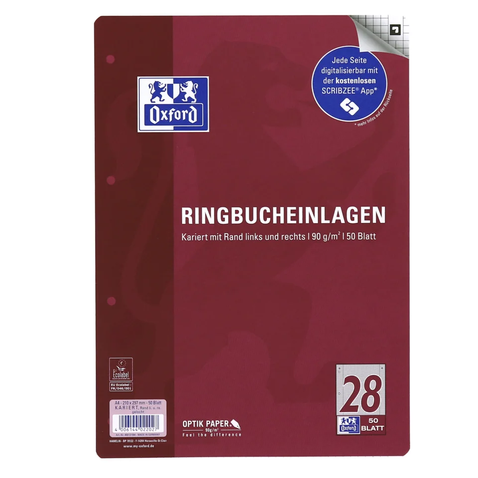 Oxford Ringbucheinlagen, DIN A4, kariert, 50 Blatt (EAN: 4006144022034)