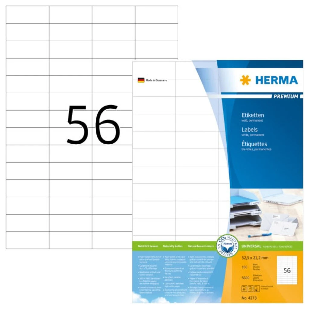 HERMA Universal-Etiketten PREMIUM, 52,5 x 21,2 mm, weiß (EAN: 4008705042734)