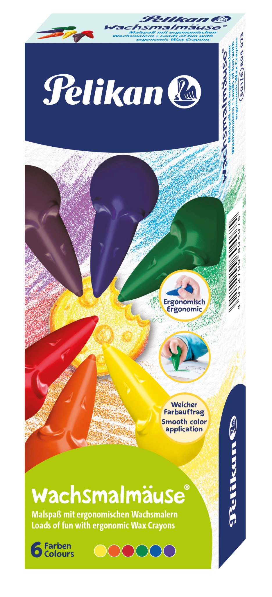 Pelikan Wachsmalmäuse, farbig sortiert, 6er Geschenk-Set, blau, rot, grün, gelb, orange und lila (EAN: 4012700804075)