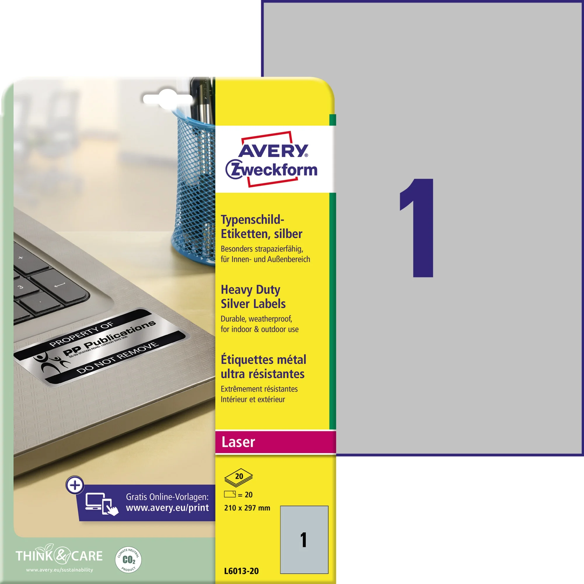 AVERY Zweckform Typenschild-Etiketten, 210 x 297 mm, silber (EAN: 4004182060131)
