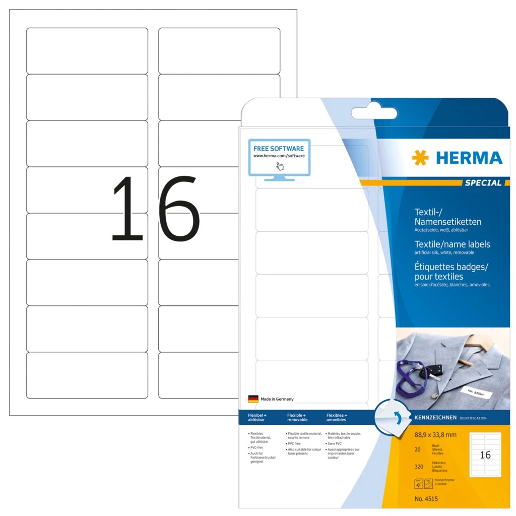 HERMA Textil-/Namensetiketten SPECIAL, 88,9 x 33,8 mm, weiß (EAN: 4008705045155)