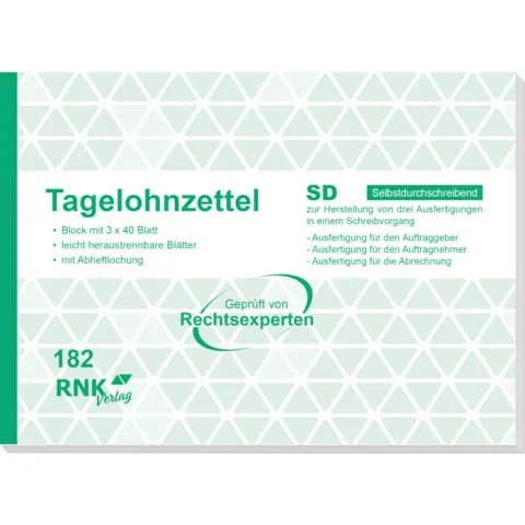 RNK Verlag Vordruck "Tagelohnzettel", Block, SD, DIN A5 quer (EAN: 4002871018203)