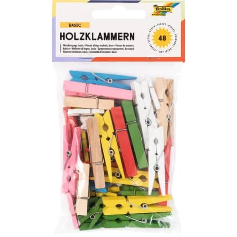 folia Holzklammern, Größe und Farben sortiert, rot, hellblau, weiß, beige, rosa, gelb und grün (EAN: 4001868034219)