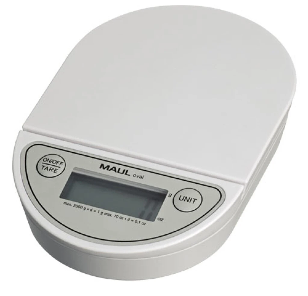 MAUL Briefwaage MAULoval, Tragkraft: 2.000 g, mit Batterie, weiß (EAN: 4002390057455)