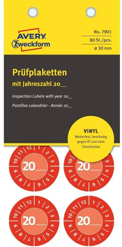 AVERY Zweckform Prüfplaketten zum Selbsteintragen 20XX, rot (EAN: 4004182079010)