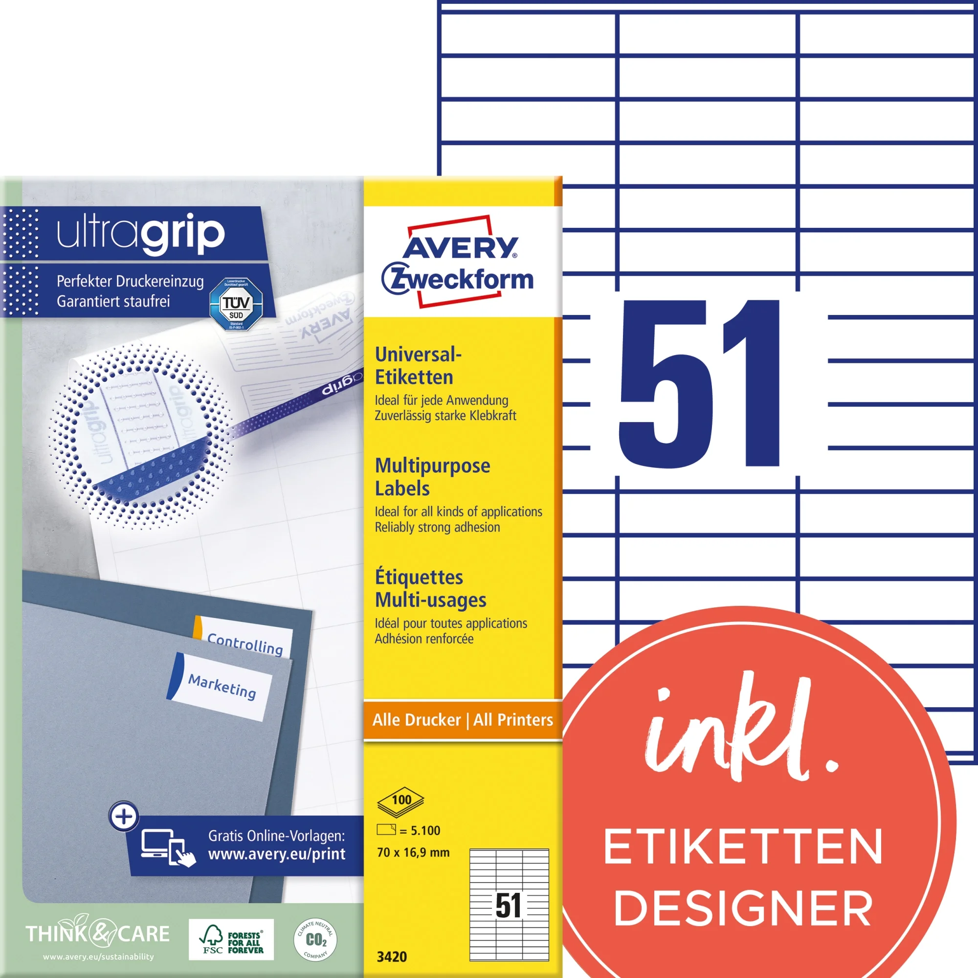AVERY Zweckform Universal-Etiketten, 70 x 16,9 mm, weiß (EAN: 4004182034200)