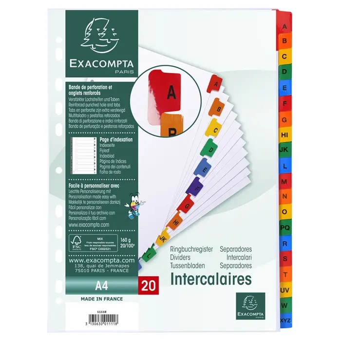 EXACOMPTA Karton-Register A-Z, DIN A4, weiß, 20-teilig (EAN: 3130630011118)