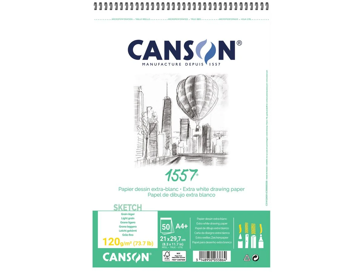 CANSON Zeichenpapierblock 1557, DIN A4, 120 g/qm, 50 Blatt, reinweiß (EAN: 3148950033864)
