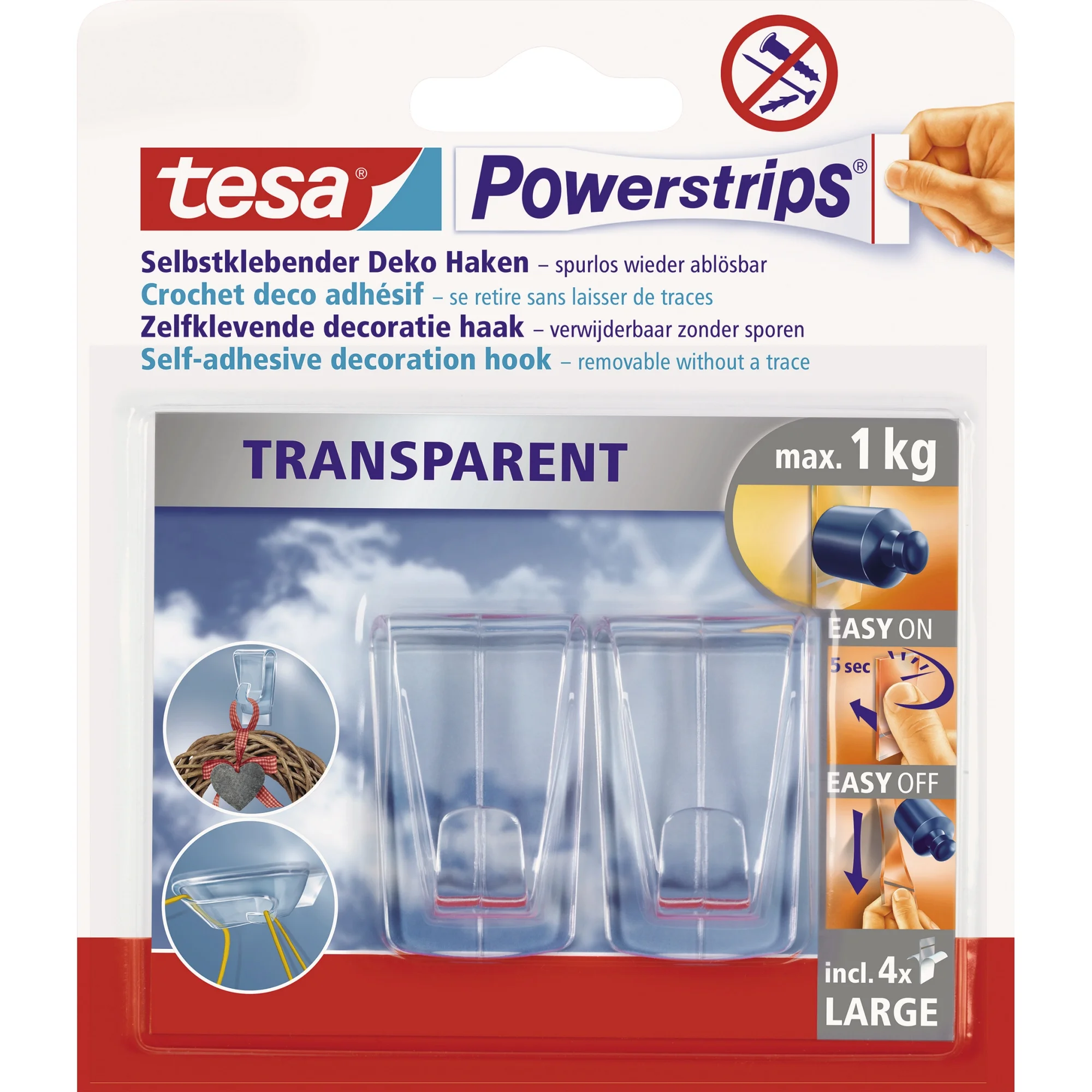 tesa Powerstrips DECO-HAKEN XL, Haltekraft: max. 1,0 kg, transparent (EAN: 4042448228222)