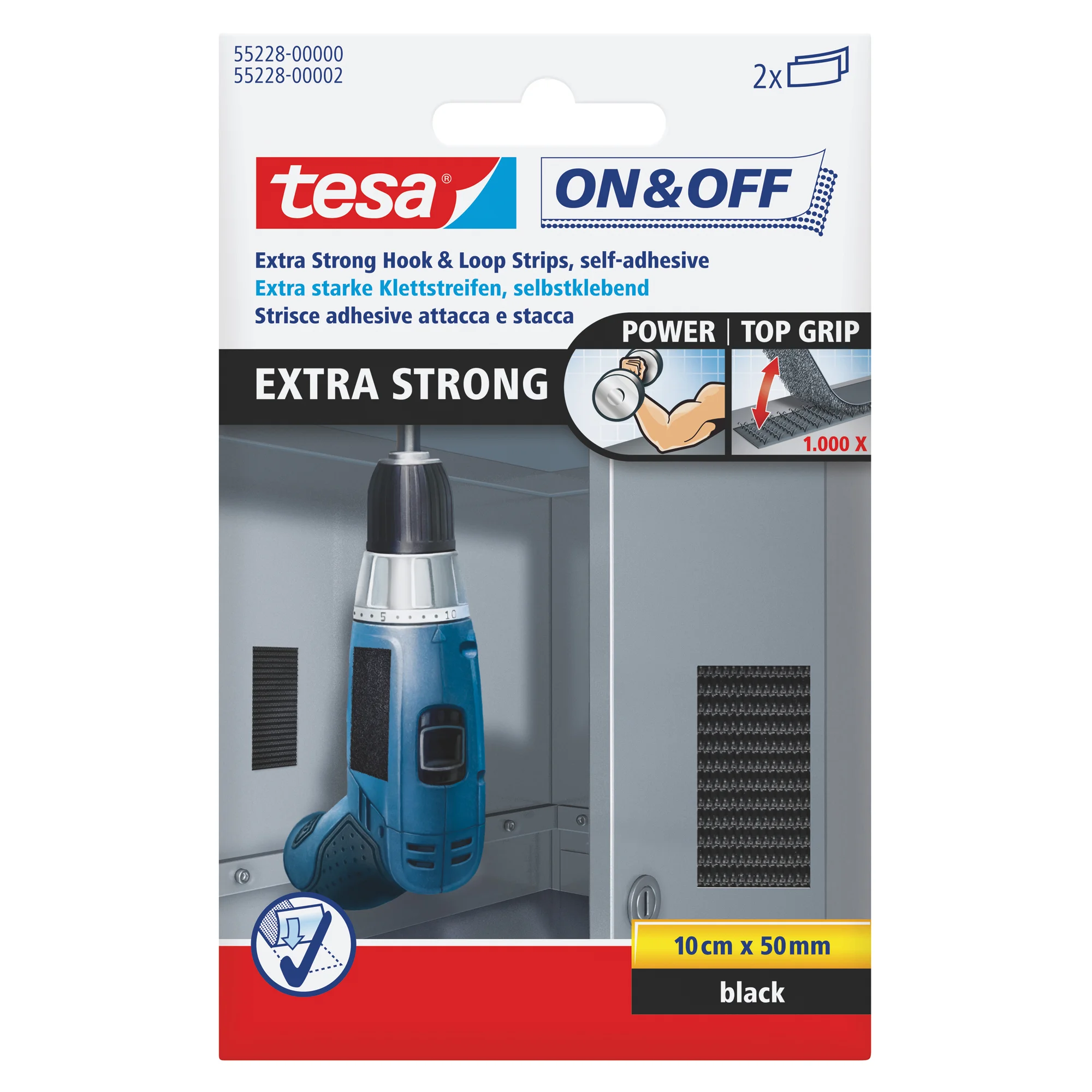 tesa On & Off extrastarke Klettstreifen, 50 x 100 mm,schwarz (EAN: 4042448859488)