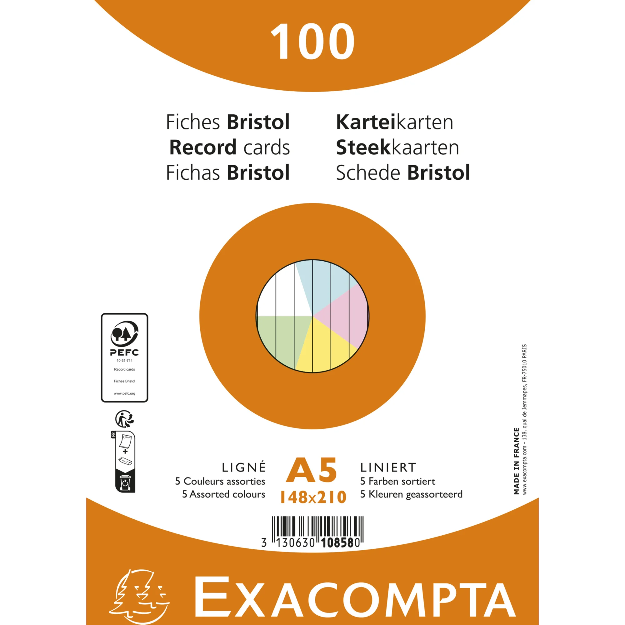 EXACOMPTA Karteikarten, DIN A5, liniert, farbig sortiert (EAN: 3130630108580)