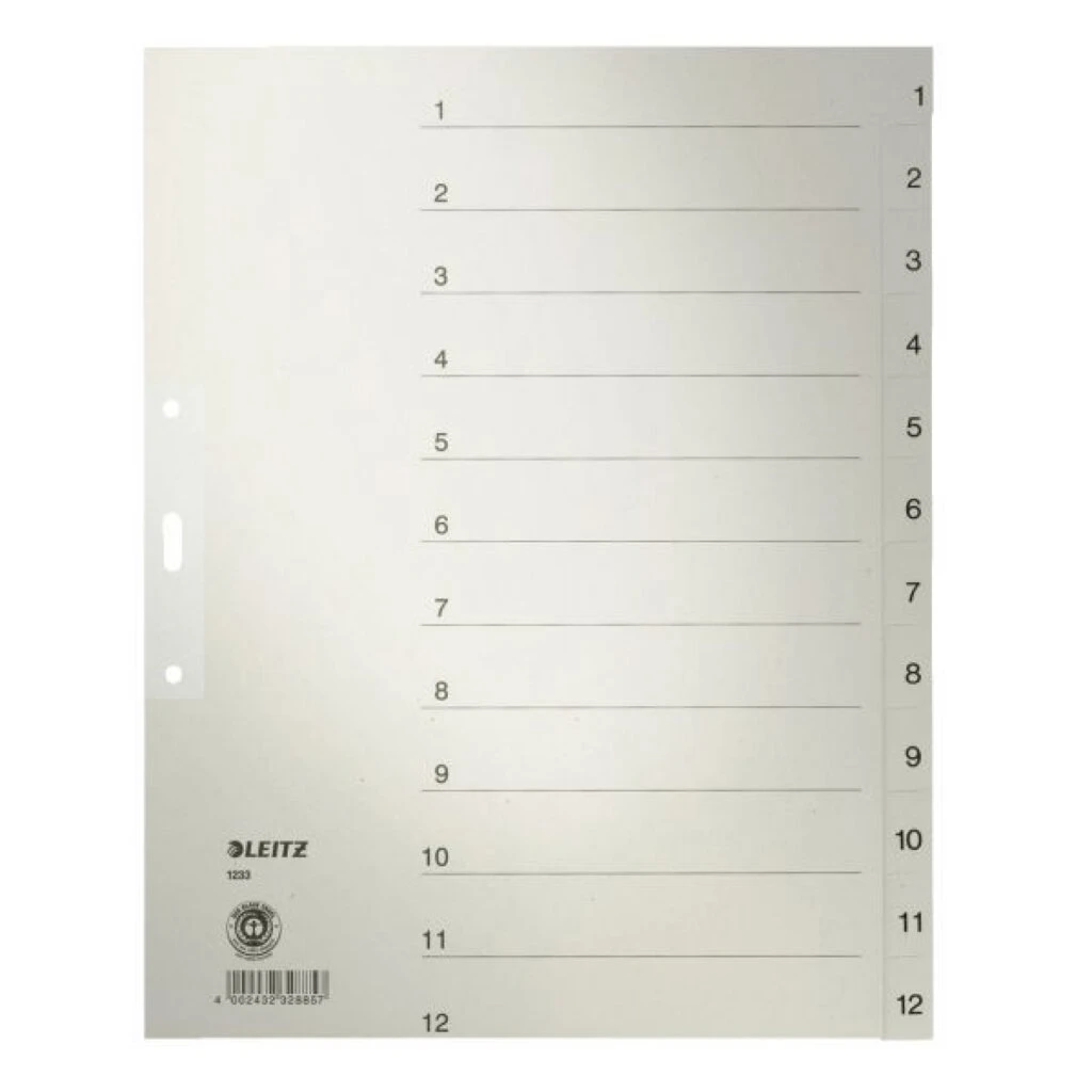 LEITZ Tauenpapier-Register, Zahlen, A4 Überbreite, 1-12,grau (EAN: 4002432328857)