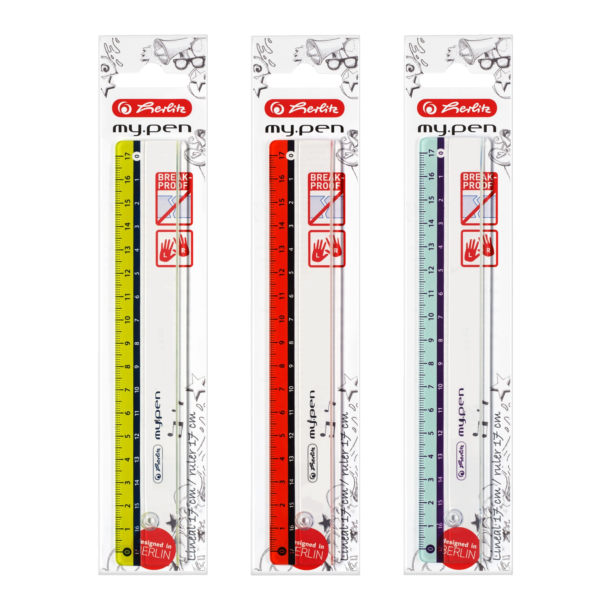 herlitz Flachlineal my.pen, 170 mm lang, Kunststoff, gelb, rot und blau (EAN: 4008110499567)