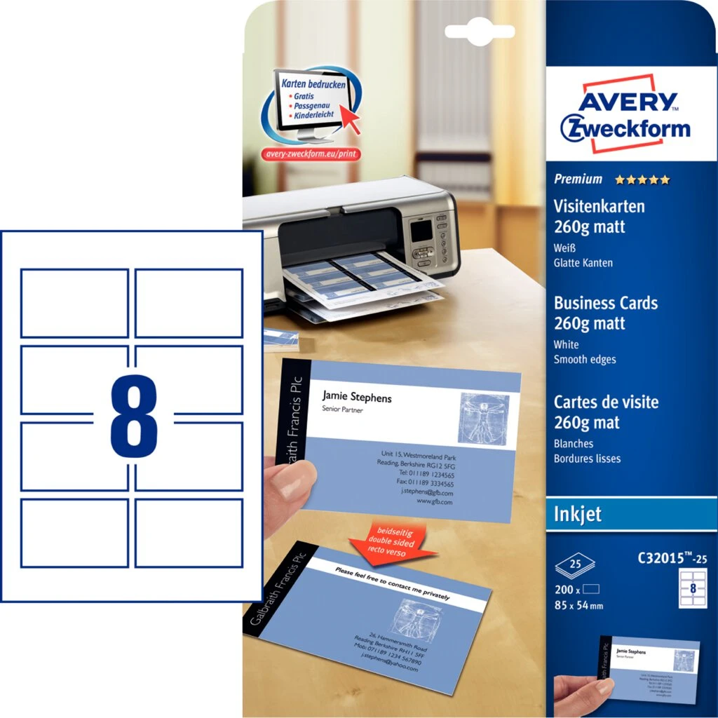 AVERY Zweckform Quick & Clean Visitenkarten, matt, 260 g/qm (EAN: 4004182242759)