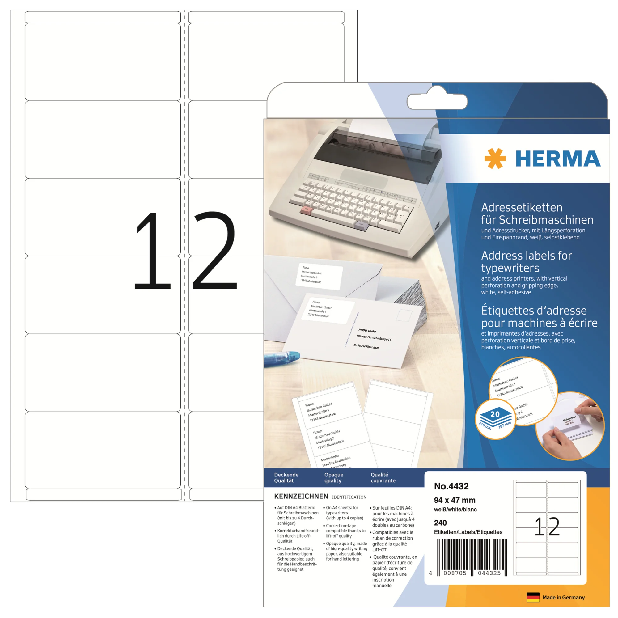 HERMA Adress-Etiketten, 94 x 47 mm, Ecken abgerundet, weiß (EAN: 4008705044325)