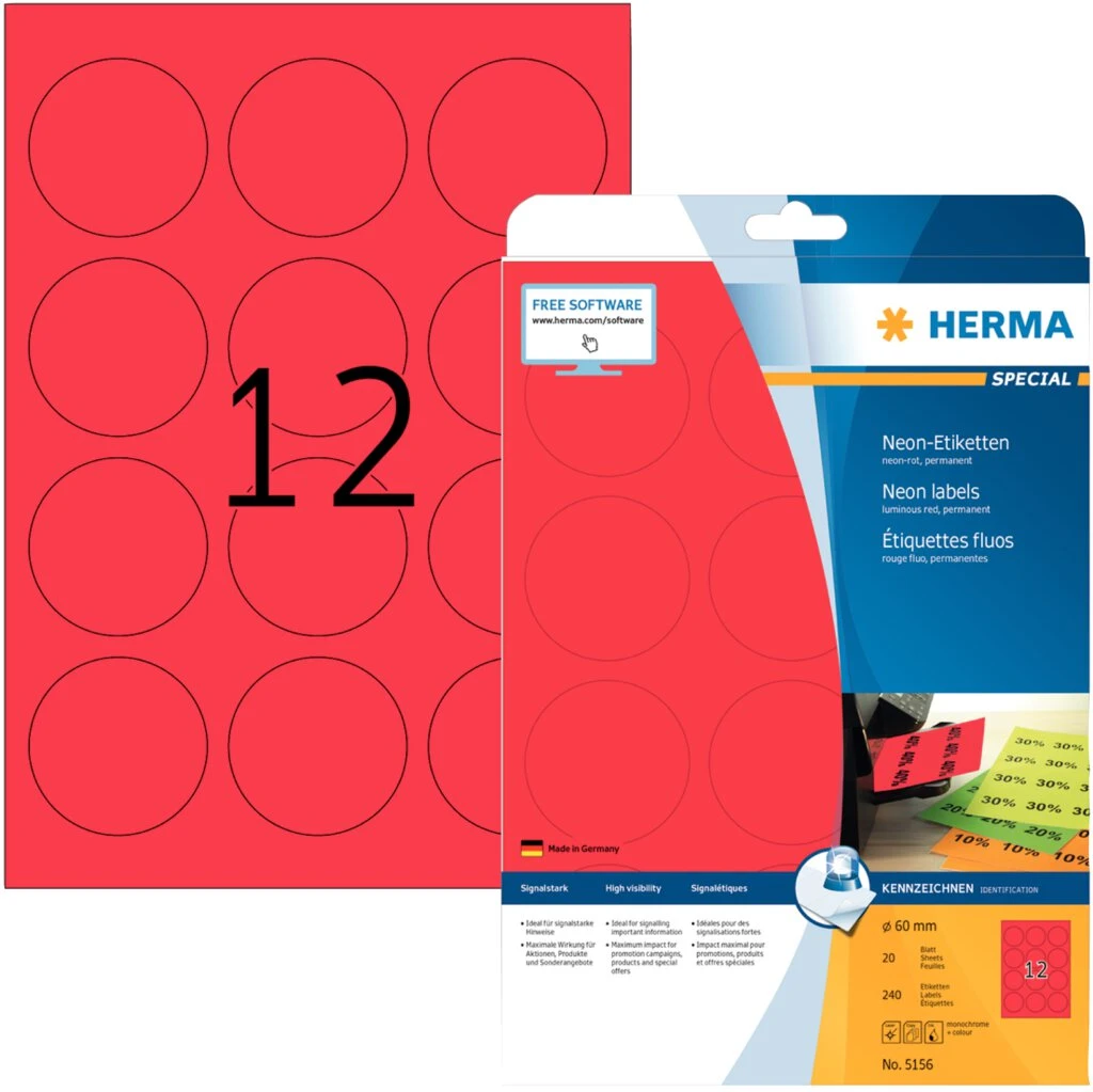 HERMA Universal-Etiketten SPECIAL, rund, 60 mm, neon-rot (EAN: 4008705051569)