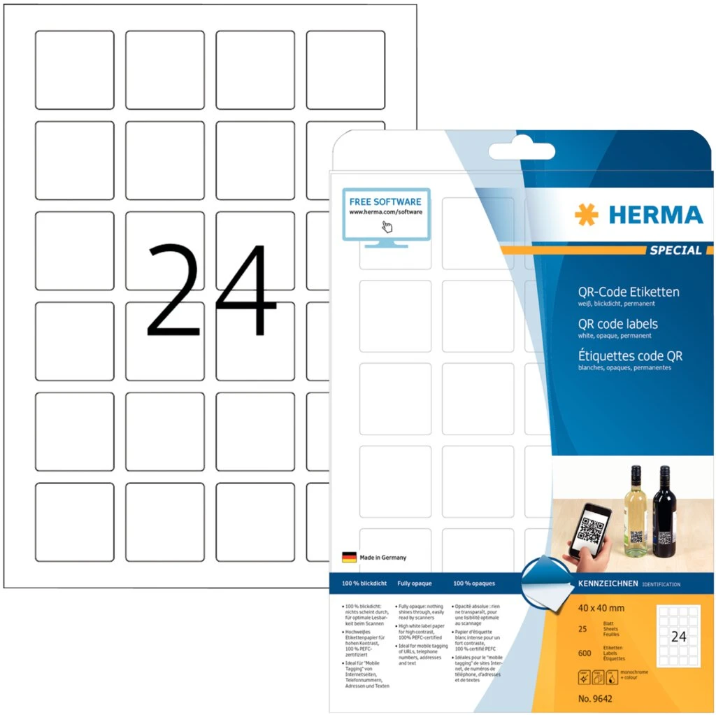 HERMA QR-Code Etiketten, 40 x 40 mm, quadratisch, weiß (EAN: 4008705096423)